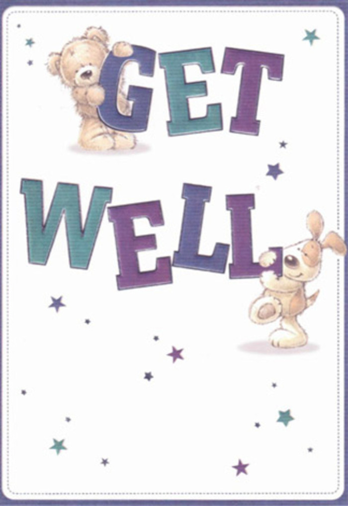 An inviting get well card is shown in close detail, its design built around two endearing characters-a teddy bear and a floppy-eared puppy-who seem to be gently lifting the spirits of anyone recovering in or around Alperton. The background is a clean, soft white, reminiscent of fresh sheets or a sunlit hospital room, giving the artwork a sense of clarity and calm. At the centre, large, friendly letters spell out GET WELL in a bold, playful font. The letters are shaded with rich purples, deep indigos, and cool teals, creating a layered, almost three-dimensional look as though the words have been cut from coloured card and arranged carefully on a table. The teddy bear, shaded in warm honey and caramel tones with visible sketchy strokes that suggest fluffy fur, perches on top of the word GET. His stubby arms and legs hang over the letters, his slightly tilted head conveying a mixture of concern and reassurance, as if he's leaning forward to check how you're feeling. Below, the puppy supports the word WELL, his long, velvety ears flopping around his face and his nose nestled against the letters, giving the impression that he's nudging the message closer to the recipient. His fur is softly textured with light browns and creams, inviting the imagination to feel its gentle warmth, like a comforting pet at your feet on a quiet evening near Stonebridge Park. Around the characters, a scattering of star motifs and small bursts in lilac, lavender, and turquoise sparkle against the open background, echoing tiny glimmers of hope and recovery. The composition is uncluttered and soothing, much like a thoughtfully arranged get well bouquet from Alperton Flowers: every element placed with care to offer gentle encouragement, emotional warmth, and a sense that brighter days are just around the corner.