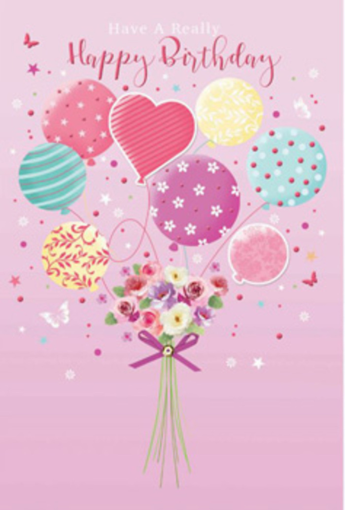 There is a gentle sense of jubilation in this birthday image, as if it captures the feeling of friends gathering in Alperton to celebrate beneath pastel decorations. The scene is framed by a soft blush-pink background that instantly sets a warm, welcoming tone, reminiscent of the soft colours you might see in shopfront displays along Ealing Road. Floating at the centre is a cluster of pastel balloons, their strings converging at a hand-tied bouquet below. Each balloon has its own design, making the group feel lively and expressive: swirling ribbon patterns spiral down some, cosy polka dots scatter over others, and delicate floral motifs echo the blooms below. The colours range from pale sunshine yellow and rosy pink to muted teal and lavender, all with a smooth, slightly glossy surface that catches the imaginary light, giving subtle glimmers and reflections. Below this cloud of colour, the bouquet is artfully arranged with petite roses and soft, daisy-like blossoms. The petals are shaded from cream to blush to deeper rose, with some blooms edged in mauve, giving them a velvety depth that suggests they've just been selected from a fresh delivery. Their shapes are full yet delicate, with hints of green foliage peeking through for contrast. The stems are gathered neatly and tied with a purple satin bow, the fabric looking smooth and slightly sparkling, its ends flowing gently like ribbon caught in a soft breeze off the canal. Scattered stars and small butterflies seem to hover around the arrangement, adding a dreamlike quality, as if the bouquet is suspended in a moment of pure joy. This composition whispers happiness and affection, making it easy to imagine it as a birthday surprise delivered across Alperton, ready to make someone feel specially and tenderly celebrated.
