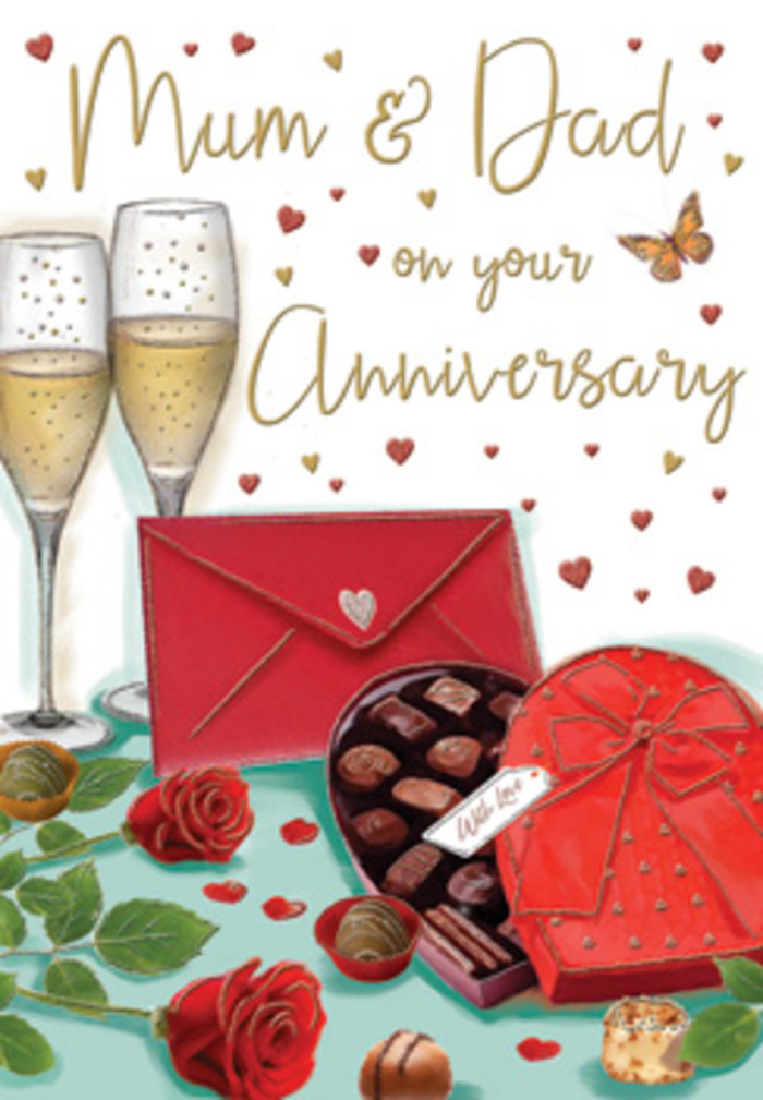 Detailed anniversary card illustration portraying a luxurious, love-filled scene that could mirror a special evening at home in Alperton. At the heart of the artwork, two champagne flutes stand side by side on a softly lit tabletop, their tall, graceful forms leaning subtly towards each other. The glasses are filled with pale golden champagne, tiny bubbles floating upward and catching glimmers of light, evoking the clink of a celebratory toast. To the right, a heart-shaped chocolate box dominates the foreground, its deep red surface rich and glossy, topped with an elaborate satin bow whose wide loops and trailing ends create a sense of indulgence and elegance. The lid of the box is open enough to display rows of rounded chocolates resting in individual compartments, and a few choice pieces lie scattered nearby, as if already sampled in quiet companionship. In front of this, two perfectly bloomed red roses rest gently on the table, their velvety petals full and dense, framed by fresh, dark green leaves that hint at the careful selection one might expect from a local Alperton florist. The background is softened with a flurry of tiny golden and crimson hearts, along with hand-drawn lettering dedicated to 'Mum & Dad', underscoring the idea that this celebration belongs to a cherished parental couple. Off to one side, a scarlet envelope sits closed and neatly aligned, suggesting a private, handwritten message waiting to be opened on an anniversary night in HA0. The colour palette of ruby red, warm gold, and cream, combined with the imagery of roses, champagne, chocolate, and heartfelt words, creates an atmosphere of deep affection, nostalgia, and joy that reflects years of shared life and love in Alperton.