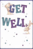 An illustrated get well card with a soft, creamy white background shows a cuddly teddy bear and a floppy-eared puppy working together to deliver a cheerful message, as if they were brightening a friend's hospital room in Alperton. The chubby teddy, shaded in warm caramel tones with sketchy, textured fur, clings playfully to the top of the large word GET, his round paws hanging over the deep indigo and teal letters. Below him, the puppy, with velvety-looking, long ears and a patchwork of gentle browns and creams, nudges and steadies the bold WELL, his nose pressed lovingly against the final letters. The text has a hand-painted feel, with rich purples, aquas, and teal shadows giving the words depth and a slight three-dimensional pop, almost like cut-out letters propped on a bedside table. Around the characters, scattered stars and tiny bursts in shades of blue, lilac, and plum twinkle across the clean background, suggesting little sparks of hope and recovery-rather like the uplifting feeling of receiving a bright get well bouquet after a walk through One Tree Hill Recreation Ground. The composition is simple yet inviting: no clutter, just generous white space that creates a sense of calm, cleanliness, and fresh air, much like opening the window after a long rest. The bear's soft, rounded tummy and the puppy's gently scruffy fur seem so tactile you can almost imagine hugging them, their comforting presence standing in for a caring hand on your shoulder. Overall, the card radiates warmth, gentle humour, and sincere encouragement, the visual equivalent of sending a cosy blanket of good wishes along with comforting flowers delivered to a loved one recovering in the Alperton area.