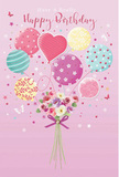 A whimsical birthday celebration seems to dance through this image, much like the colourful energy of Alperton on a sunny weekend. The background is a calm, powder-pink canvas that gently frames a floating arrangement of balloons and flowers. At the top and centre, a cluster of pastel balloons rises lightly from a central point, their strings disappearing into a bouquet below. Each balloon has its own character: some are wrapped with candy-like stripes in rose and mint, others are dotted with playful spots in lemon, lilac, and teal, and a single heart-shaped balloon at the centre radiates an affectionate glow. The balloons' surfaces are smooth and gently reflective, giving the impression of freshly inflated helium balloons catching the light as they move. Below, the bouquet itself appears lush and carefully composed, as though just hand-tied by a local florist preparing a birthday delivery near Alperton station. Delicate roses and anemone-like blossoms cluster together in creamy ivory, blush pink, and gentle mauve, their petals overlapping in soft, layered textures that suggest a velvety, almost feather-light feel. Subtle greenery weaves between the blooms, grounding the pastel palette. A violet satin bow hugs the stems, its fabric silky and slightly shimmering, the long tails curling naturally. Around the entire composition, small stars and tiny butterflies seem to float, like confetti caught mid-flight in a gentle breeze. The overall mood is joyful yet tender-an airy, fairy-tale moment captured in still form, perfect for conveying warm birthday wishes anywhere in Alperton, from quiet residential streets to bustling corners near the Grand Union Canal.