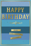 This elegant birthday card blends soothing blue tones with luminous gold accents, evoking the calm, contented feeling of a birthday morning in Alperton before the day properly begins. The background is made up of wide, horizontal stripes that flow gently from rich navy at the base through softer shades of blue and teal, gradually lifting into light, sky-like hues toward the top. This layered colour gives a sense of depth and warmth, like a clear day unfolding along Ealing Road. In the centre of the card, the message HAPPY BIRTHDAY stands out in bold, embossed gold lettering, each letter subtly raised so it catches nearby light with a refined shimmer. Beneath the main greeting lies a graceful golden flourish, adding a hint of classic stationery style and visually linking the headline to the sentiment below. Three slender, horizontal banners in matching gold sit neatly stacked under the flourish, each ribbon inscribed with the same reassuring message: Relax, have a great day and enjoy! A narrow gold line runs around the outer edge of the card, framing the design with clean precision, much like a florist's final ribbon around a bouquet. The card appears smooth to the touch, with the metallic elements providing a satisfying texture that hints at high quality. You can imagine it nestled beside a vase of fresh flowers delivered locally by Alperton Flowers, perhaps on a dining table in a flat overlooking the Grand Union Canal. Together, the tranquil blues and warm gold create an atmosphere of gentle joy, encouraging the recipient to step back from everyday rush and simply enjoy their birthday in comfort and style.