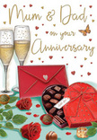 Atmospheric anniversary card illustration capturing a romantic, celebratory vignette that feels as though it could be set in an Alperton home overlooking the canal. The scene is centred on two tall champagne flutes, positioned closely together as if ready to be raised in a toast. Their clear glass bowls contain golden sparkling wine, effervescent bubbles rising in fine trails and catching the soft, warm light that washes over the entire composition. Just beside them sits a heart-shaped chocolate box rendered in a sumptuous red tone, wrapped with a broad satin ribbon tied into an opulent bow, its glossy surface suggesting a smooth, touchable texture. The lid is slightly open, revealing an array of finely detailed chocolates nestled in dark wrappers, with two or three pieces resting casually nearby, inviting the idea of sharing. In the foreground lie two vividly coloured red roses, blossoms fully open, their velvety petals layered in intricate spirals that almost seem to lift from the page. Their deep green leaves and gentle stems echo the care and craftsmanship of a professional florist familiar with the tastes of families along Alperton's Ealing Road. Scattered around the composition are tiny hearts in gold and crimson, along with handwritten-style lettering for 'Mum & Dad', reinforcing that this moment is dedicated to parents and their lasting partnership. A sealed scarlet envelope lies to one side, its neat point hinting at an intimate, thoughtful message within. With its blend of rich reds, burnished golds, and soft background glow, the card radiates warmth, gratitude, and romance-an ideal visual expression of an anniversary celebration in the heart of Alperton.